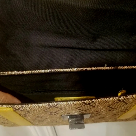 NWT BCBG Raffia Clutch Yellow Leather Purse Handbag Straw Brown - Picture 2 of 6